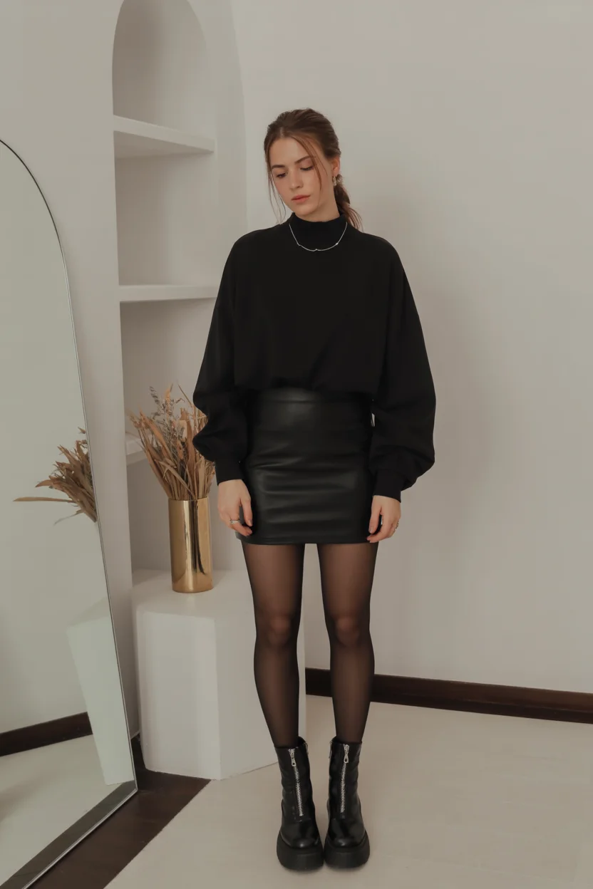 nightout fall outfits going out 2026 Oversized Sweater and Leather Mini Balance