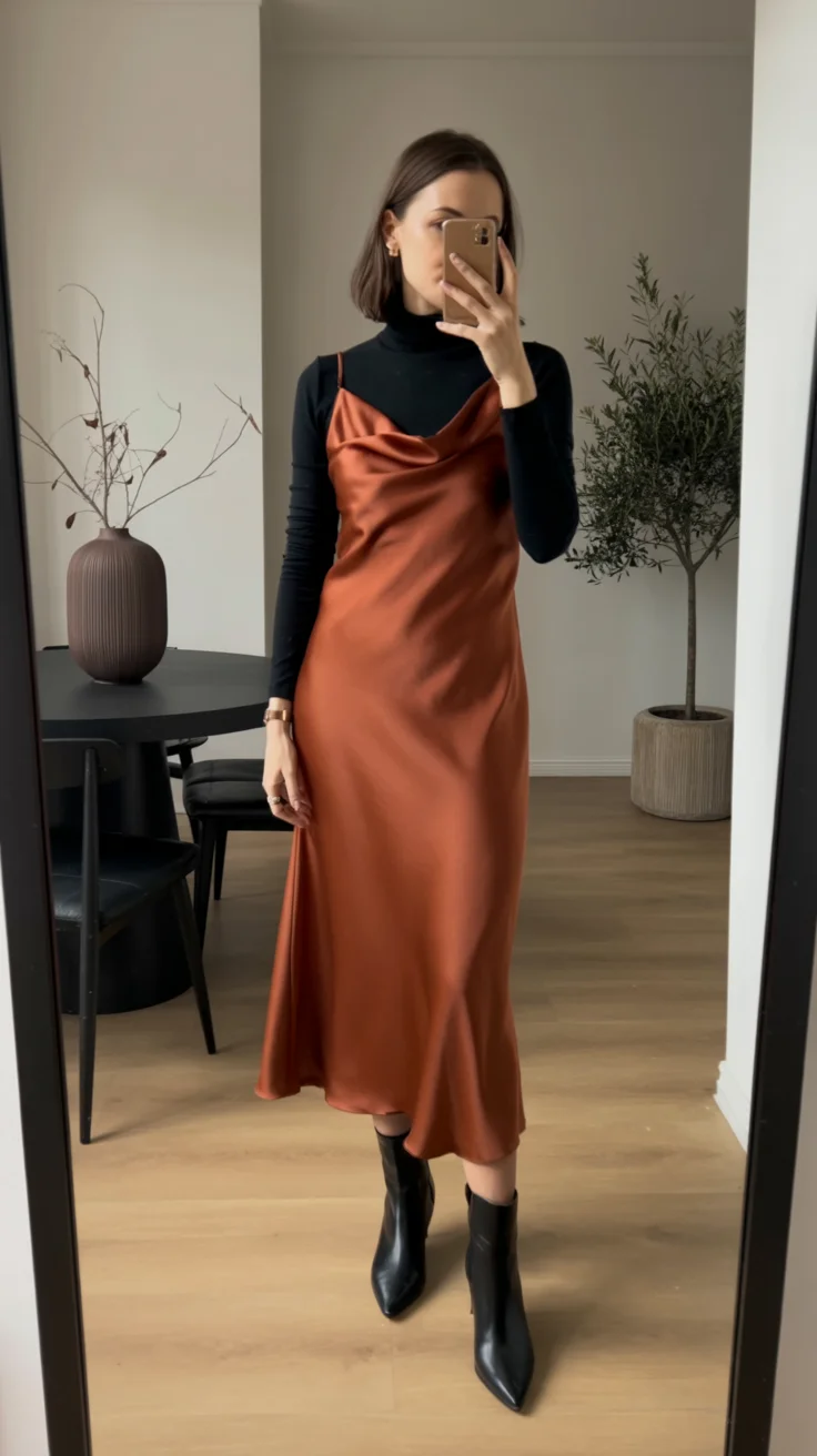 nightout fall outfits going out 2026 Copper Satin Dress for Romantic Autumn Evenings