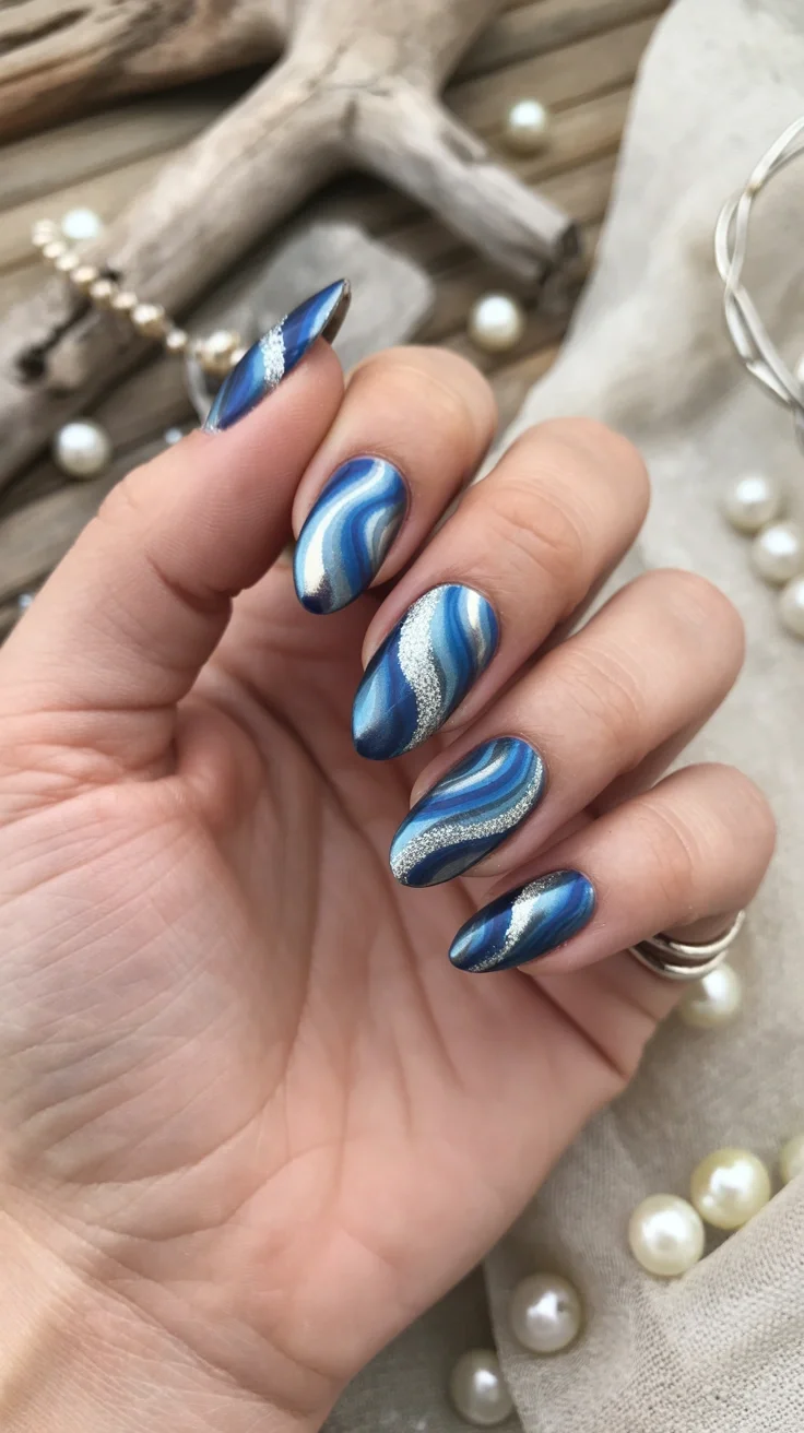 plain summer nails 2026 Ocean Wave Blue Almond Nails