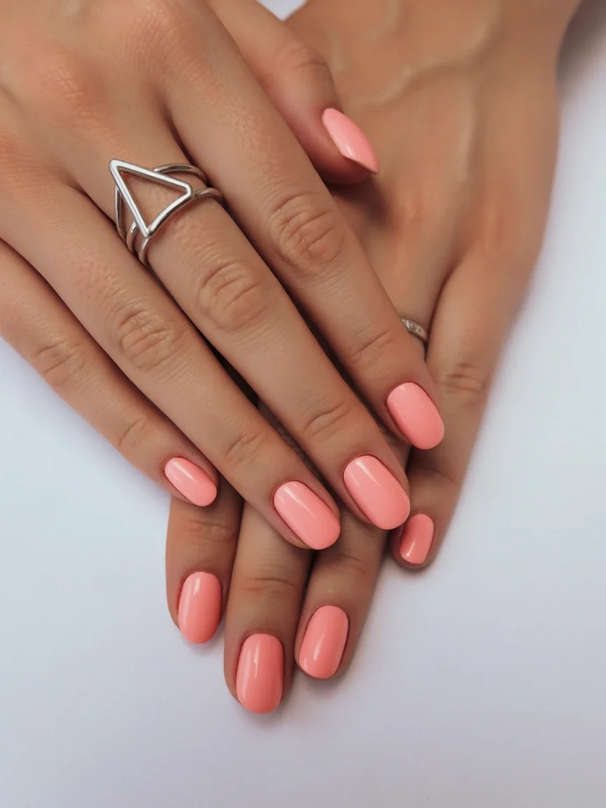 plain summer nails 2026 Glossy Coral Pink That Feels Like Vacation