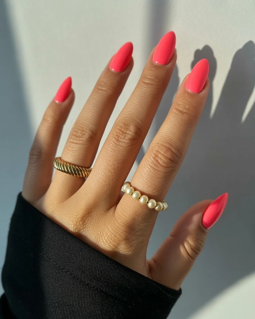 plain summer nails 2026 Bright Pink Almond Nails That Steal the Spotlight