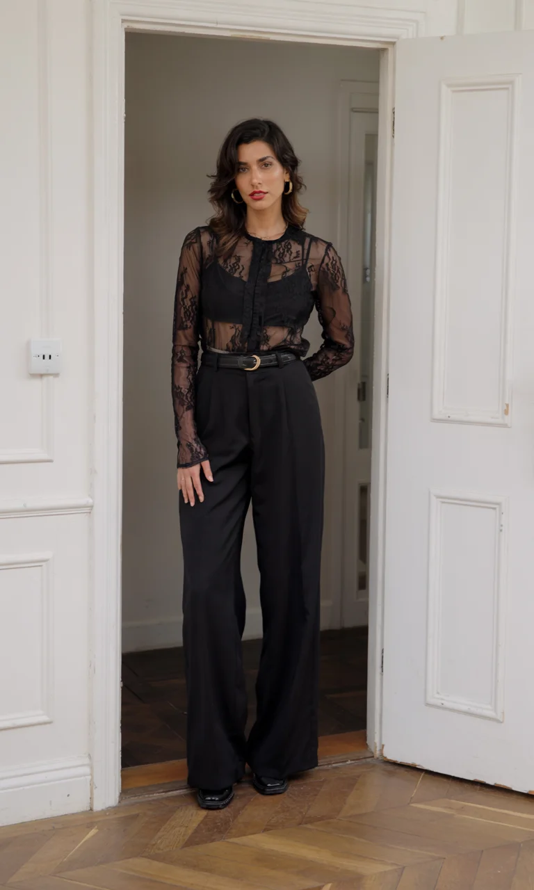 romantic dinner outfits date night fall 2026 Elegant Sheer Details With Dramatic Tailoring