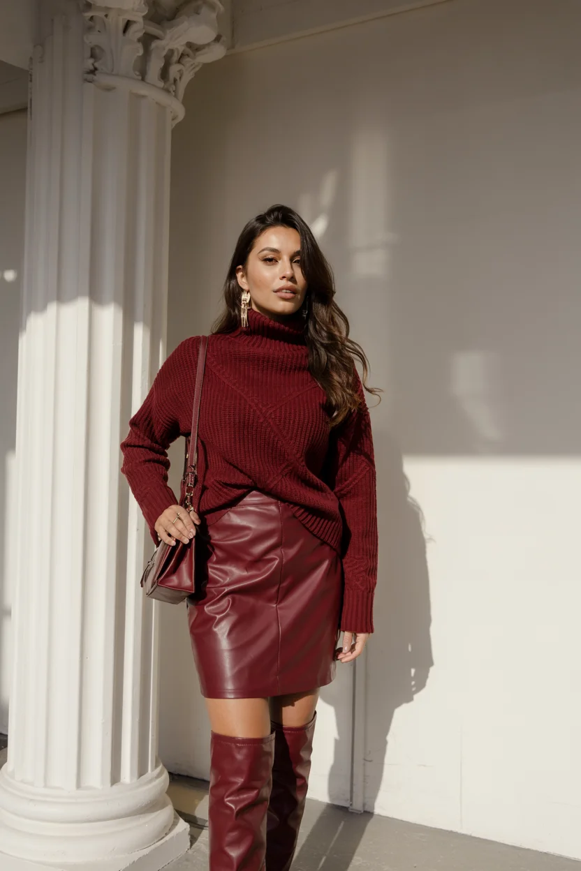 romantic dinner outfits date night fall 2026 Burgundy Monochrome With Luxe Autumn Charm