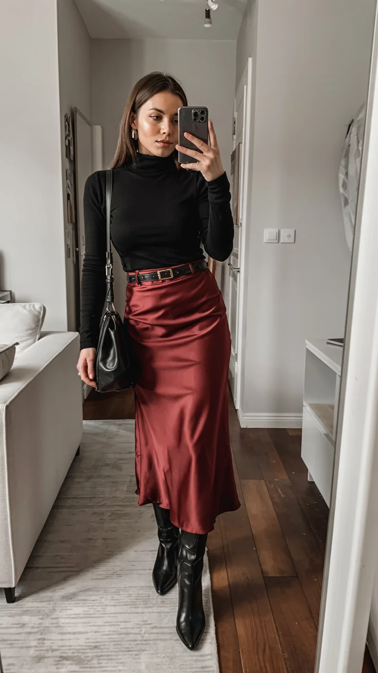 romantic dinner outfits date night fall 2026 Burgundy Satin for Romantic Autumn Evenings