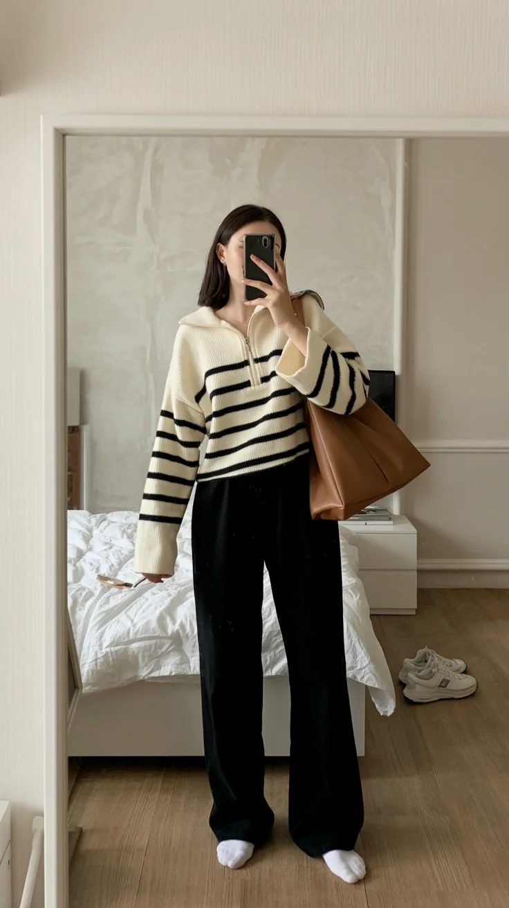 simpl fall outfits ideas 2026 Striped Sweater and Wide Leg Pants for Relaxed Weekends