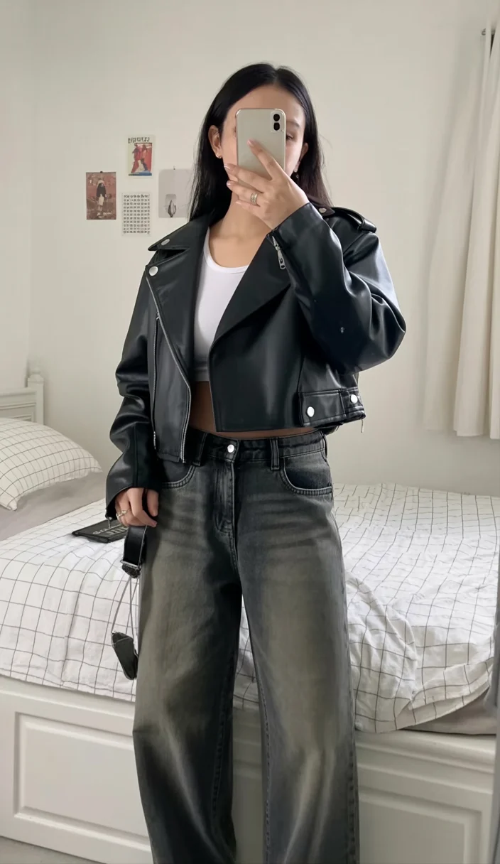 simpl fall outfits ideas 2026 Edgy Leather Jacket With Relaxed Gray Denim
