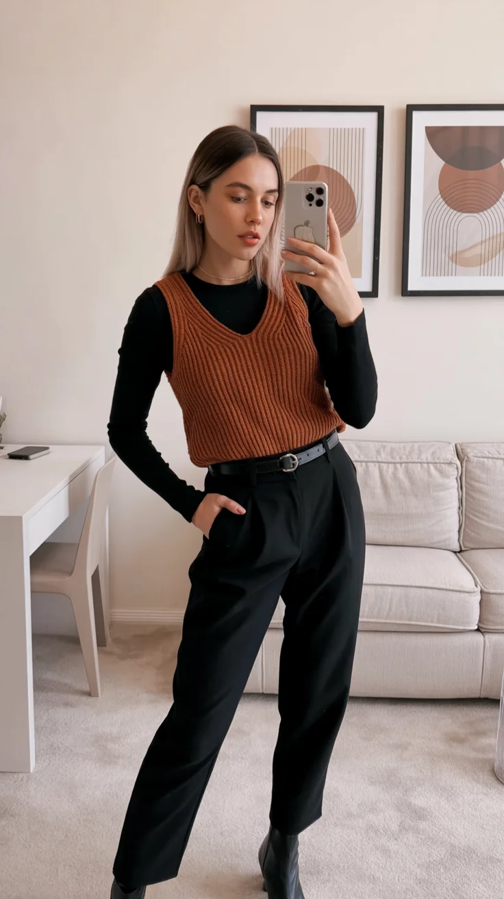 simpl fall outfits ideas 2026 Sweater Vest Styling With Tailored Trousers