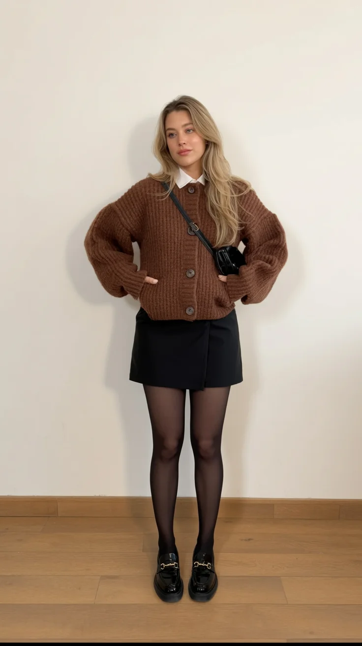 simpl fall outfits ideas 2026 Chocolate Cardigan With a Classic Mini Skirt