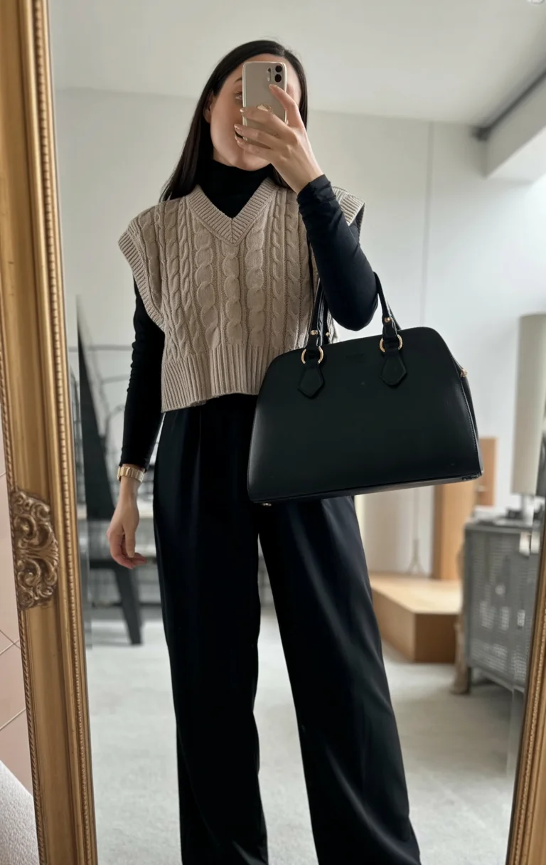 simpl fall outfits ideas 2026 Neutral Sweater Vest With Elegant Monochrome Layers