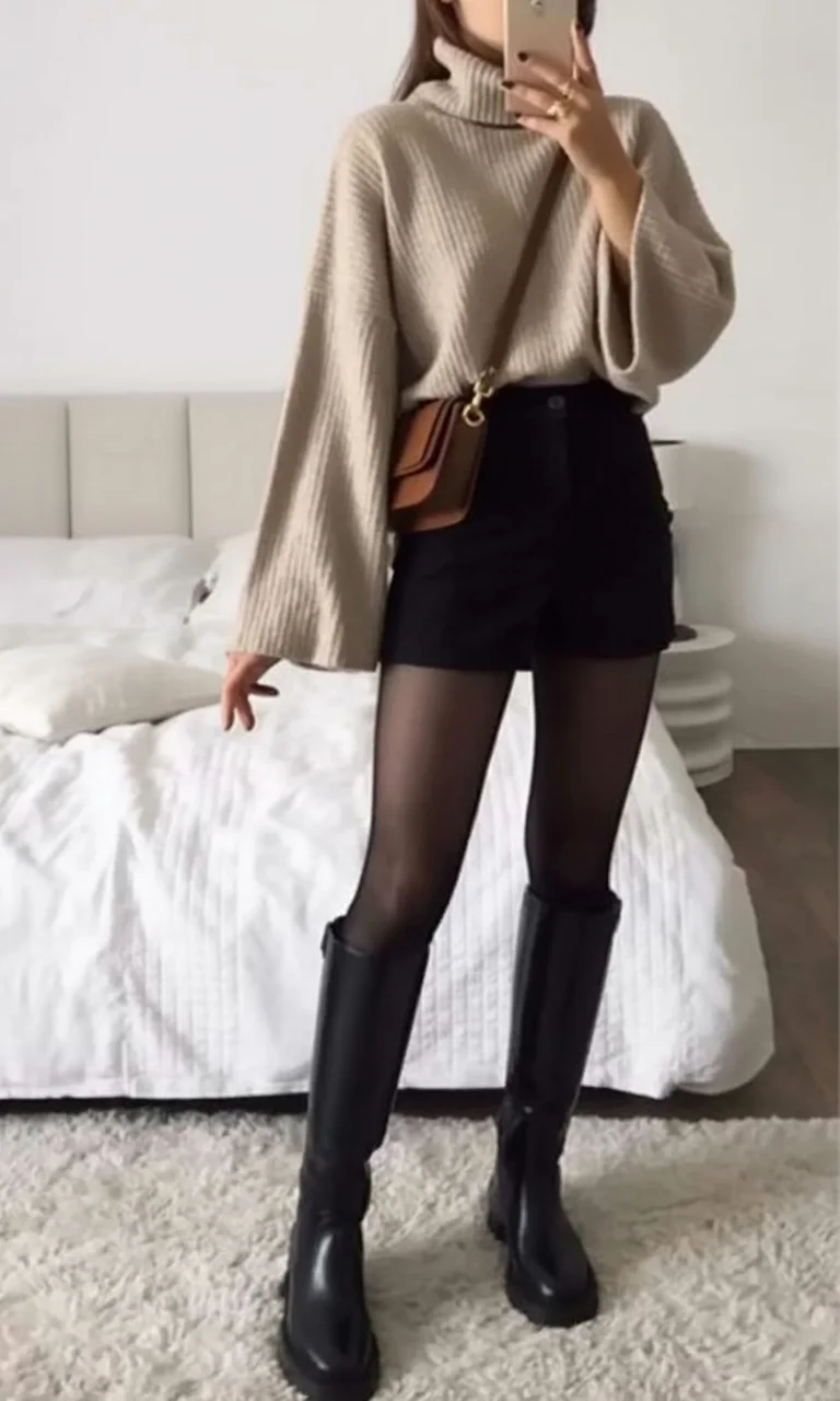 simpl fall outfits ideas 2026 Oversized Turtleneck With Shorts and Tall Boots