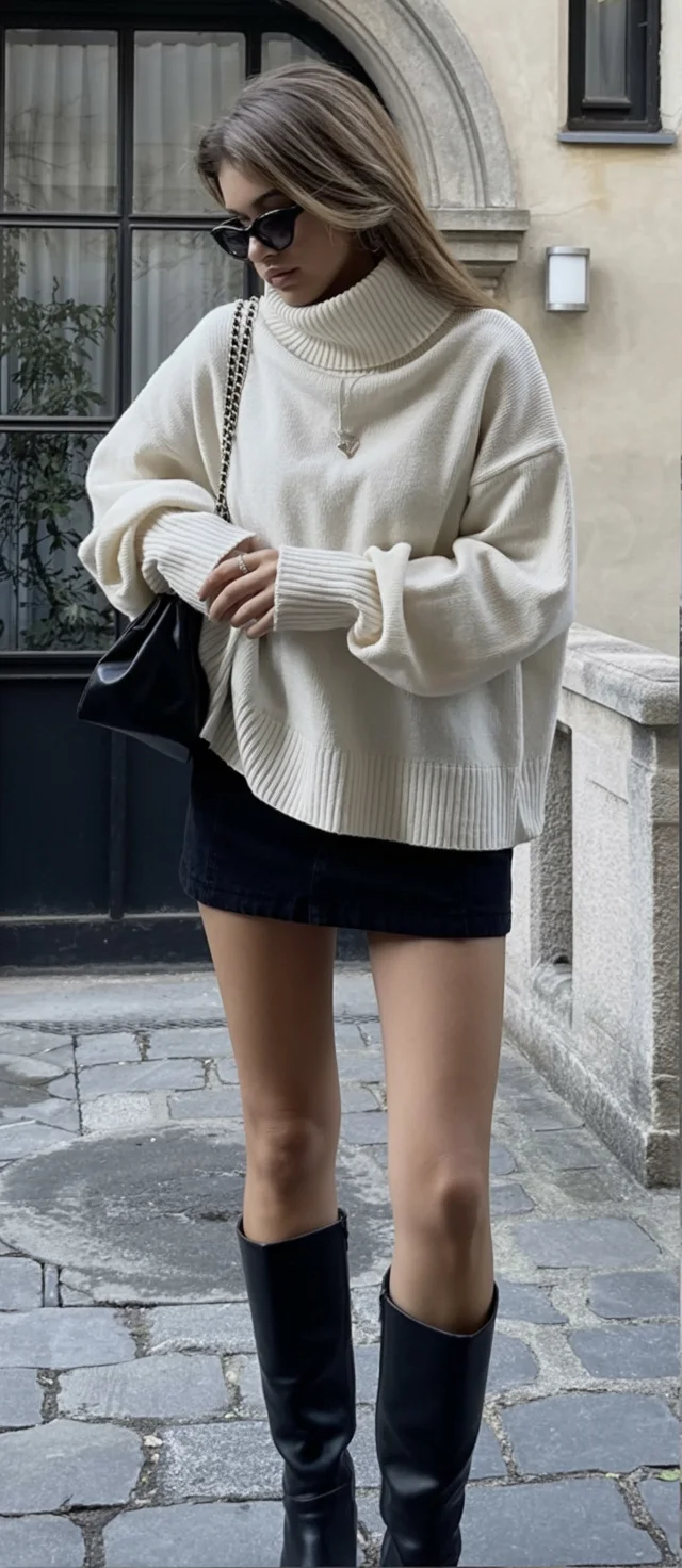 simpl fall outfits ideas 2026 Soft Cream Knit With a Black Mini Skirt