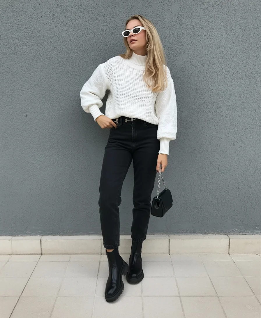 simpl fall outfits ideas 2026 White Knit Sweater With Black Denim Essentials