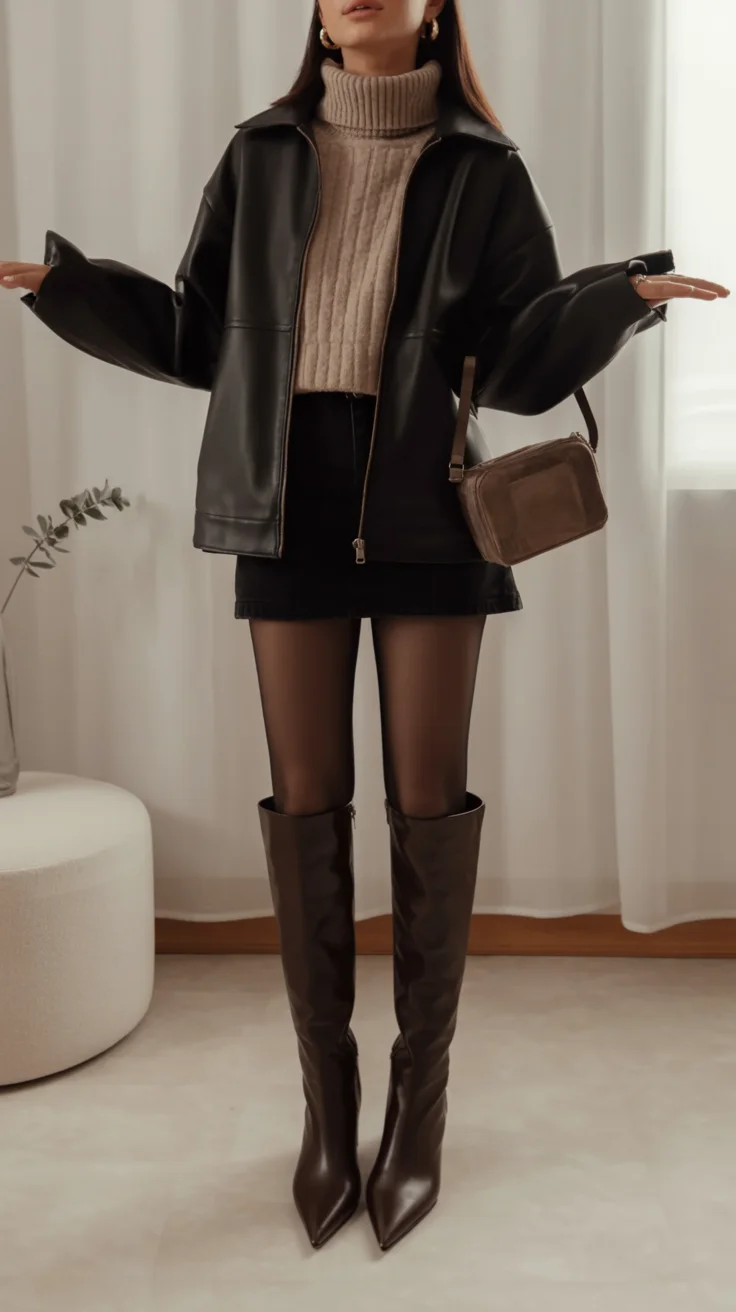 simpl fall outfits ideas 2026 Leather Jacket and Knee High Boots With Elegant Neutrals