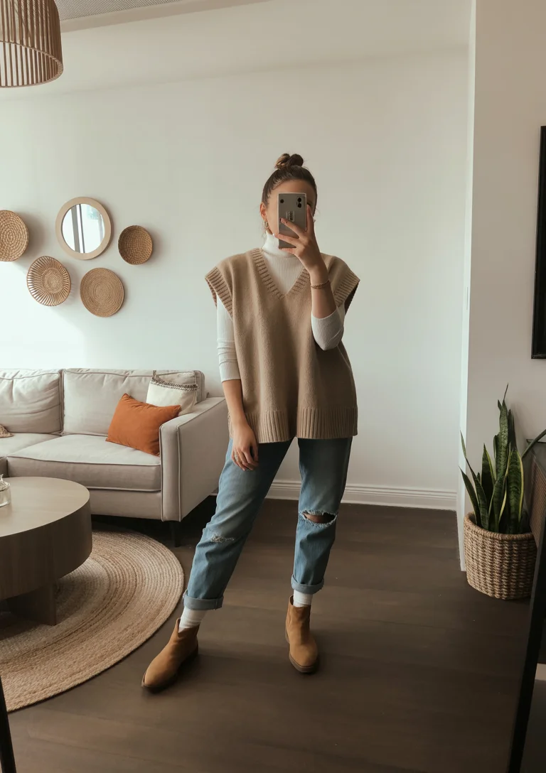 simpl fall outfits ideas 2026 Relaxed Sweater Vest With Distressed Denim