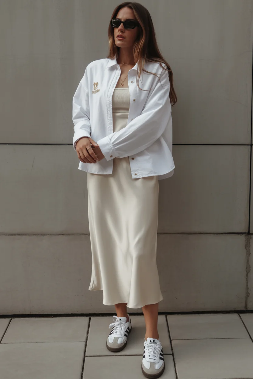 simpl fall outfits ideas 2026 Minimal White Layers With an Elegant Slip Dress