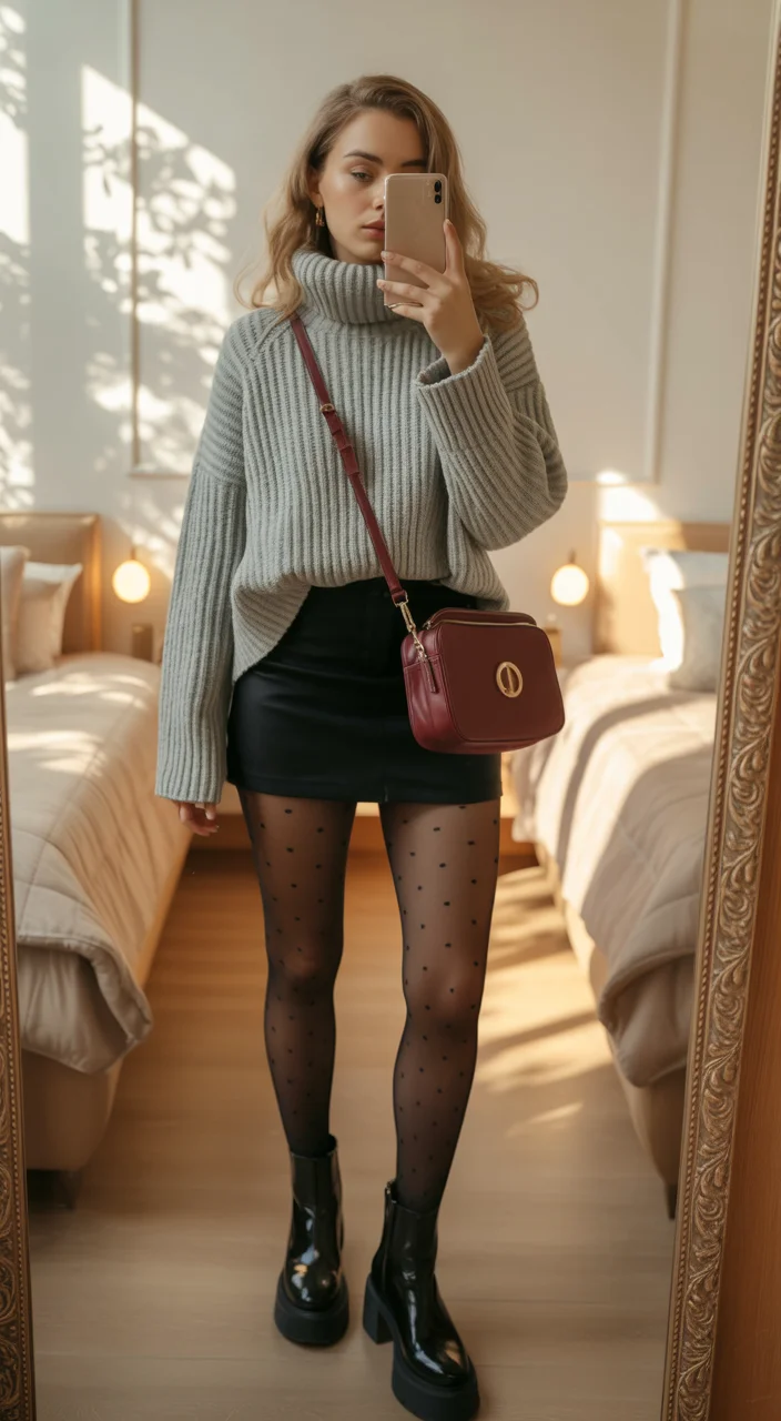 simpl fall outfits ideas 2026 Soft Gray Knit With a Chic Mini Skirt