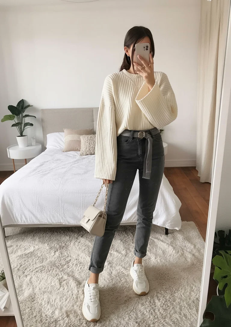 simpl fall outfits ideas 2026 Classic Gray Jeans With a Cozy Ivory Sweater