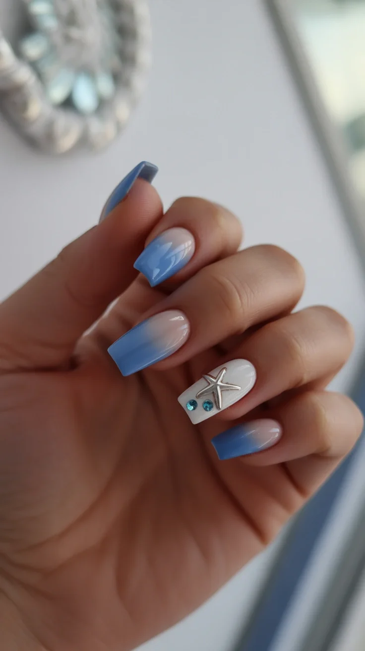 starfish summer nails 2026 Powder Blue Ombre Starfish Elegance