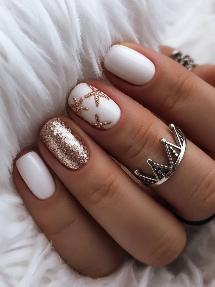 starfish summer nails 2026 White and Rose Gold Coastal Luxury