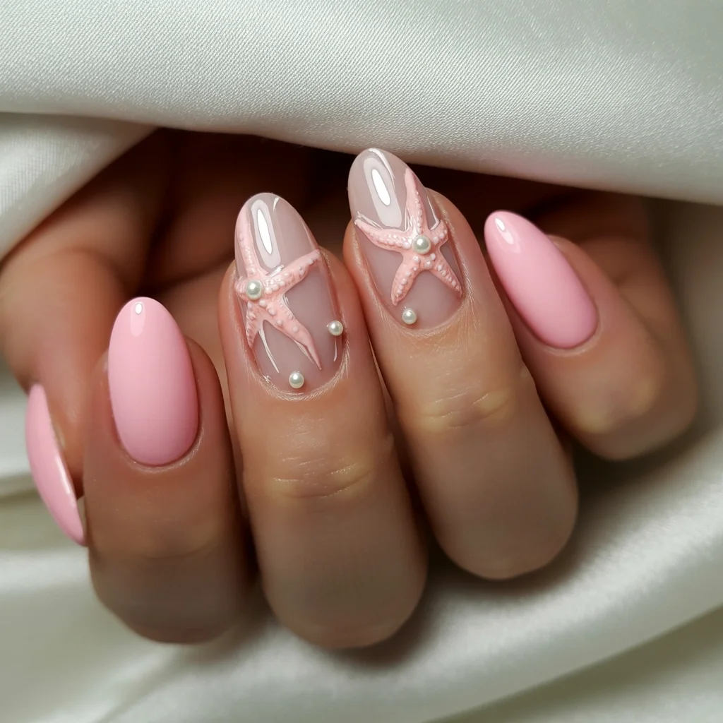 starfish summer nails 2026 Soft Pink Pearl Starfish Romance