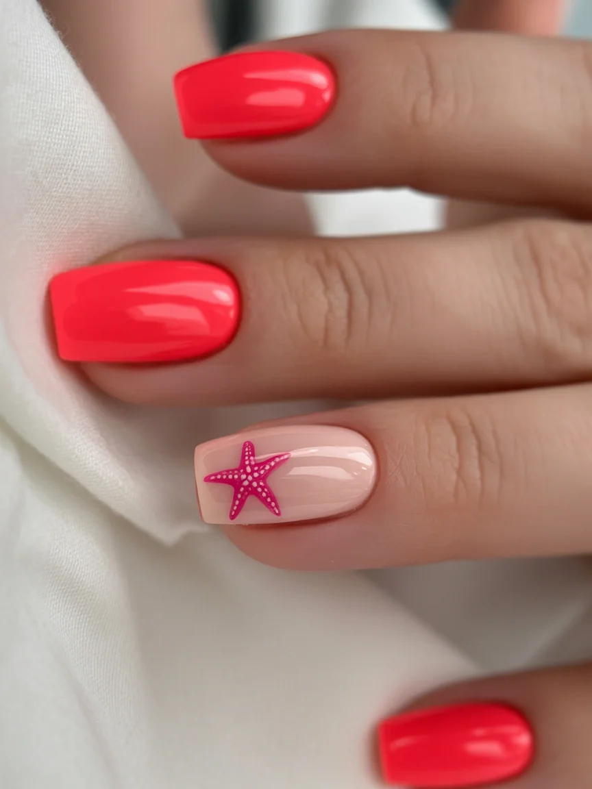 starfish summer nails 2026 Hot Coral Starfish Accent for Endless Summer Days