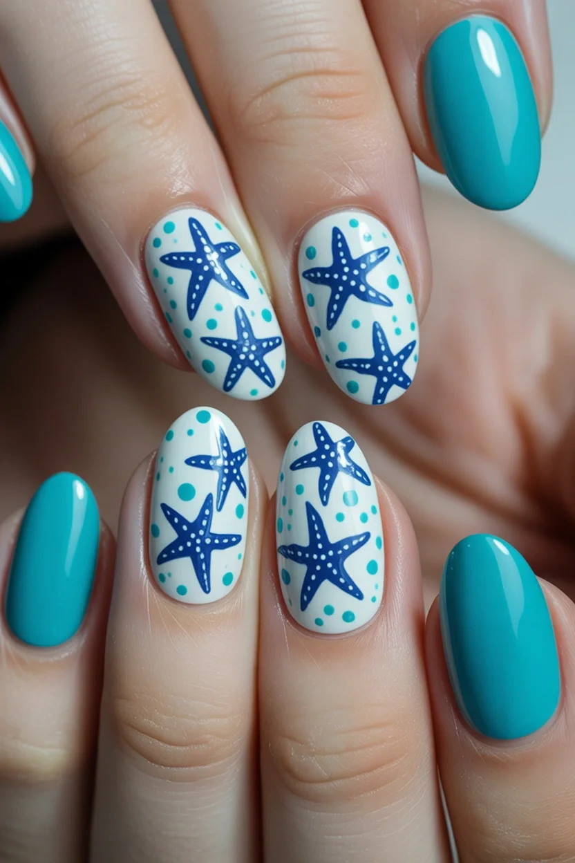 starfish summer nails 2026 Ocean Blue Starfish Pattern with Coastal Charm