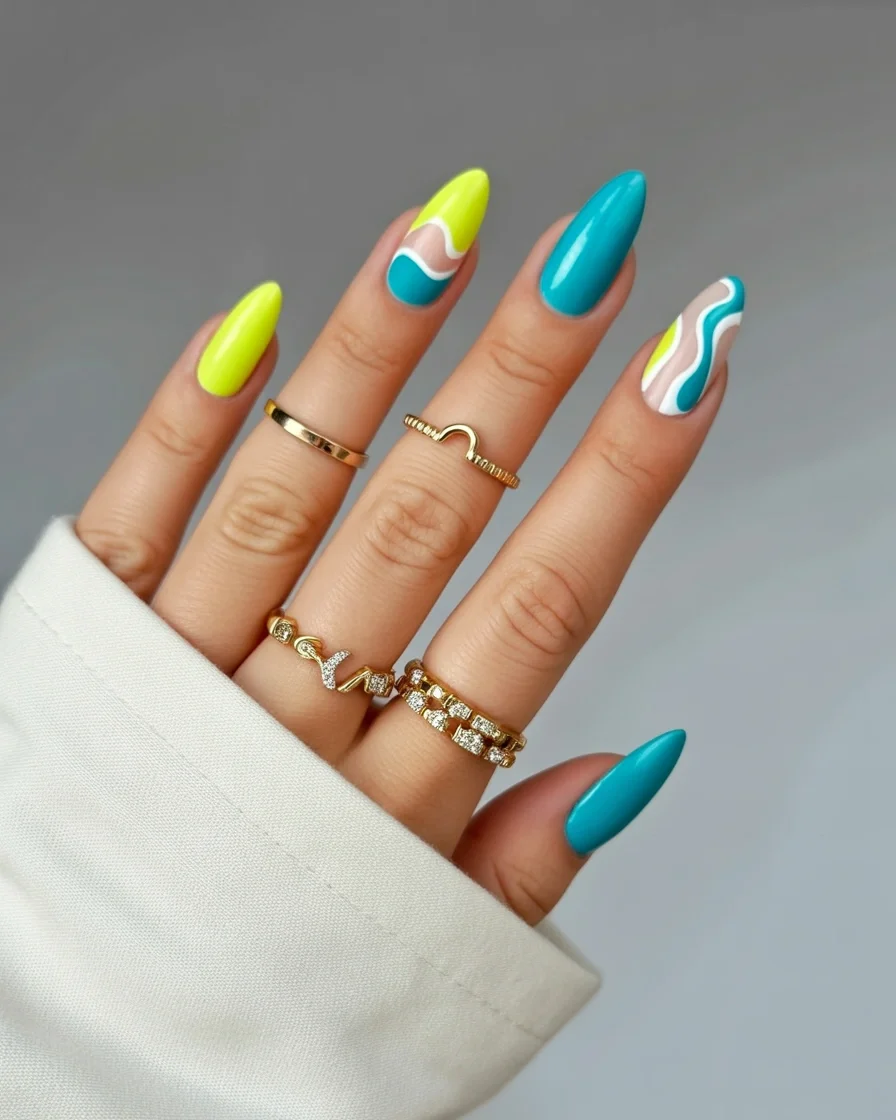 summer oval nails 2026 Turquoise And Lime Waves For A Tropical Escape
