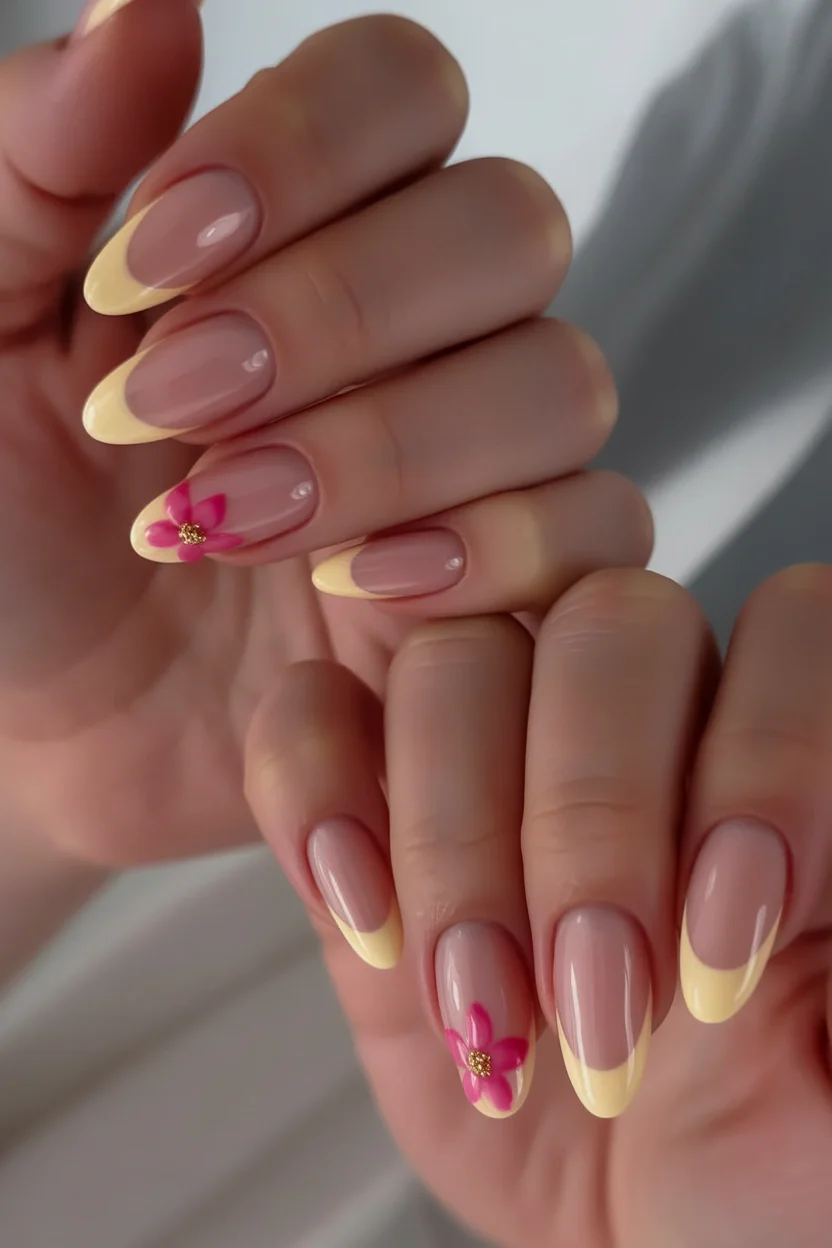 summer oval nails 2026 Butter Yellow French Tips With Tropical Flower Accents