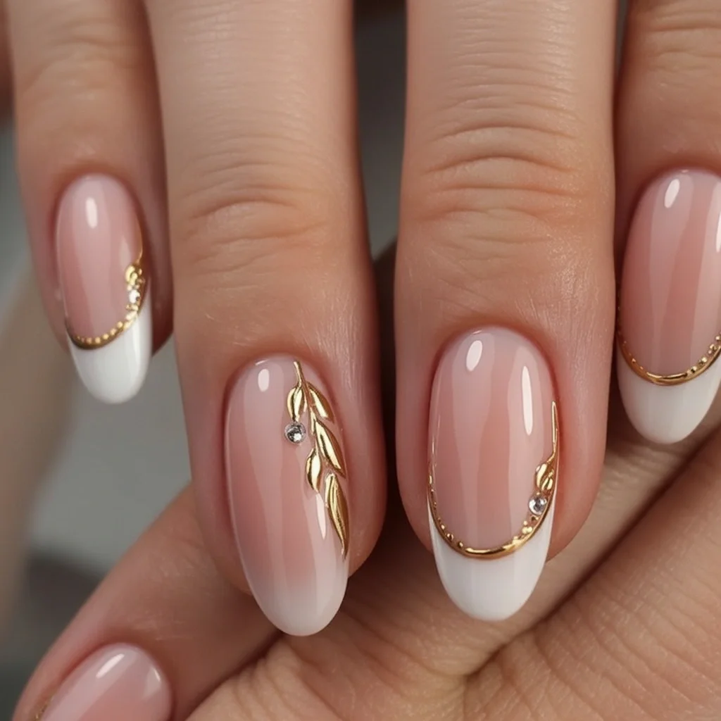 summer oval nails 2026 Luxury French Manicure With Golden Botanical Details