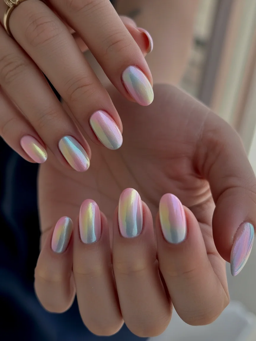 summer oval nails 2026 Pastel Aurora Chrome With Cotton Candy Shine