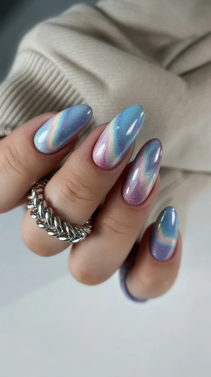 summer oval nails 2026 Galaxy Pearl Waves In Blue And Lavender