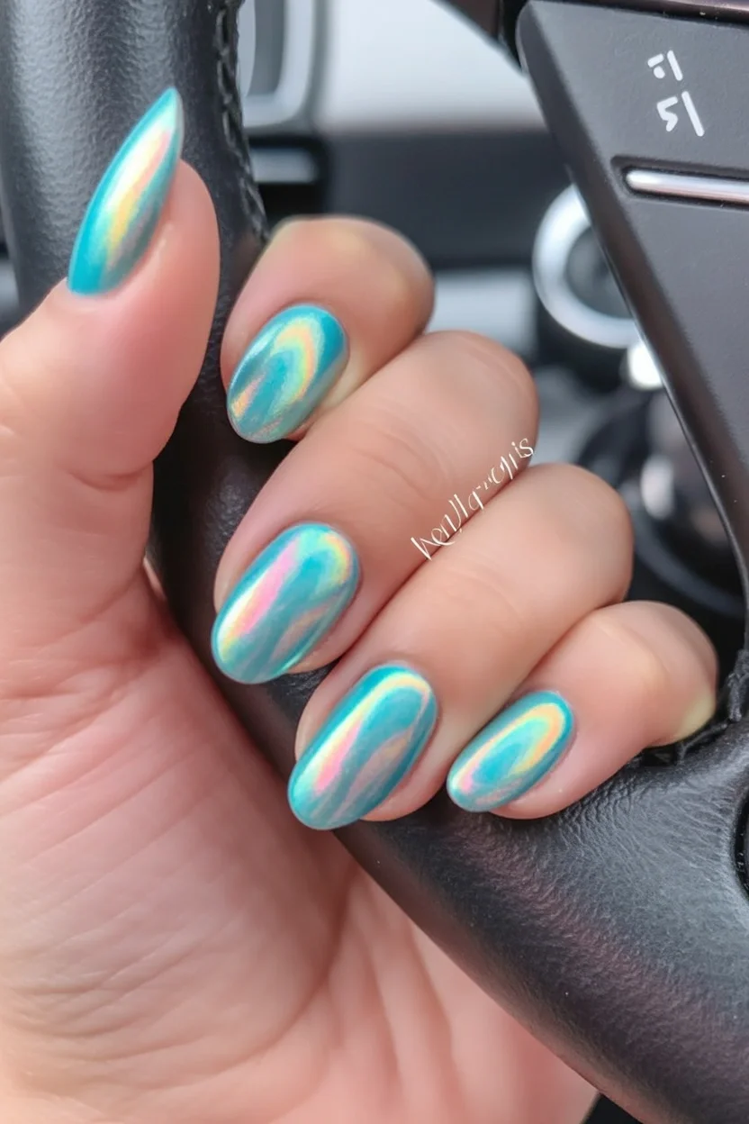 summer oval nails 2026 Turquoise Chrome Nails With Mermaid Energy