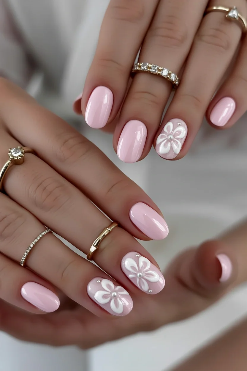 summer oval nails 2026 Soft Pink Floral Nails With Romantic Charm