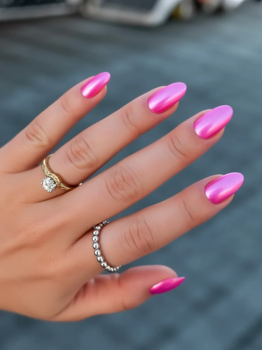 summer oval nails 2026 Hot Pink Chrome Nails For Statement Summer Style