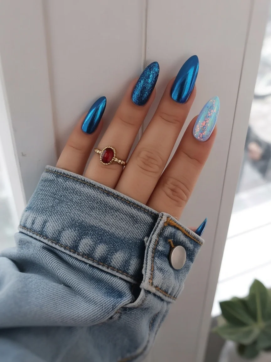 summer oval nails 2026 Deep Ocean Chrome Nails With Mermaid Sparkle