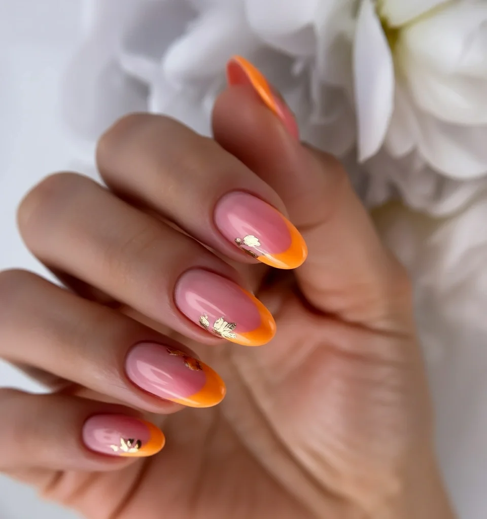 summer oval nails 2026 Sunset Orange French Nails With Golden Foil Details