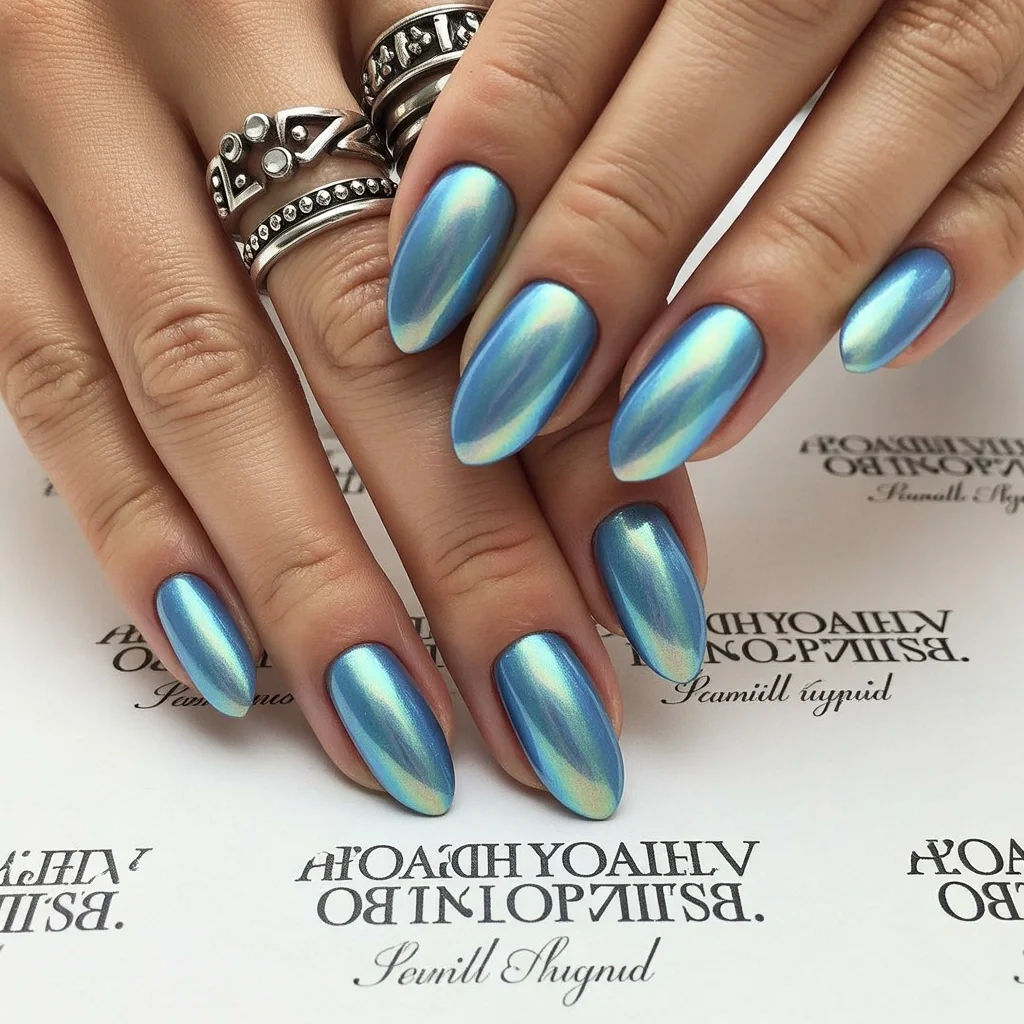 summer oval nails 2026 Chrome Blue Nails With Mermaid Inspired Shine