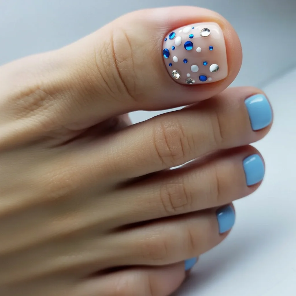 summer pedicure nail art 2026 Blue Confetti Toes for a Bright Summer Mood