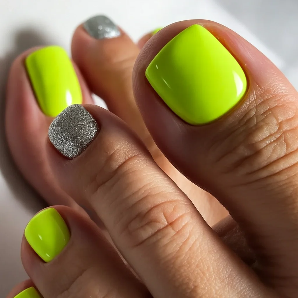summer pedicure nail art 2026 Neon Green and Silver Sparkle Contrast