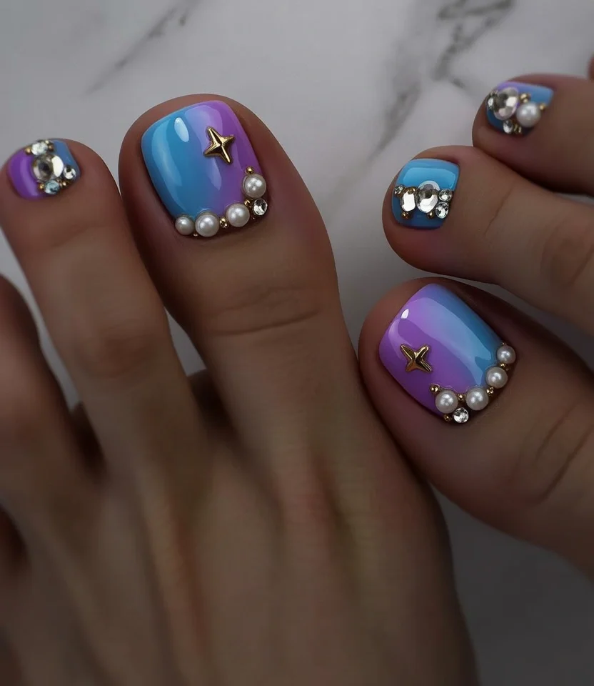 summer pedicure nail art 2026 Pastel Galaxy Pedicure With Pearls and Crystal Details