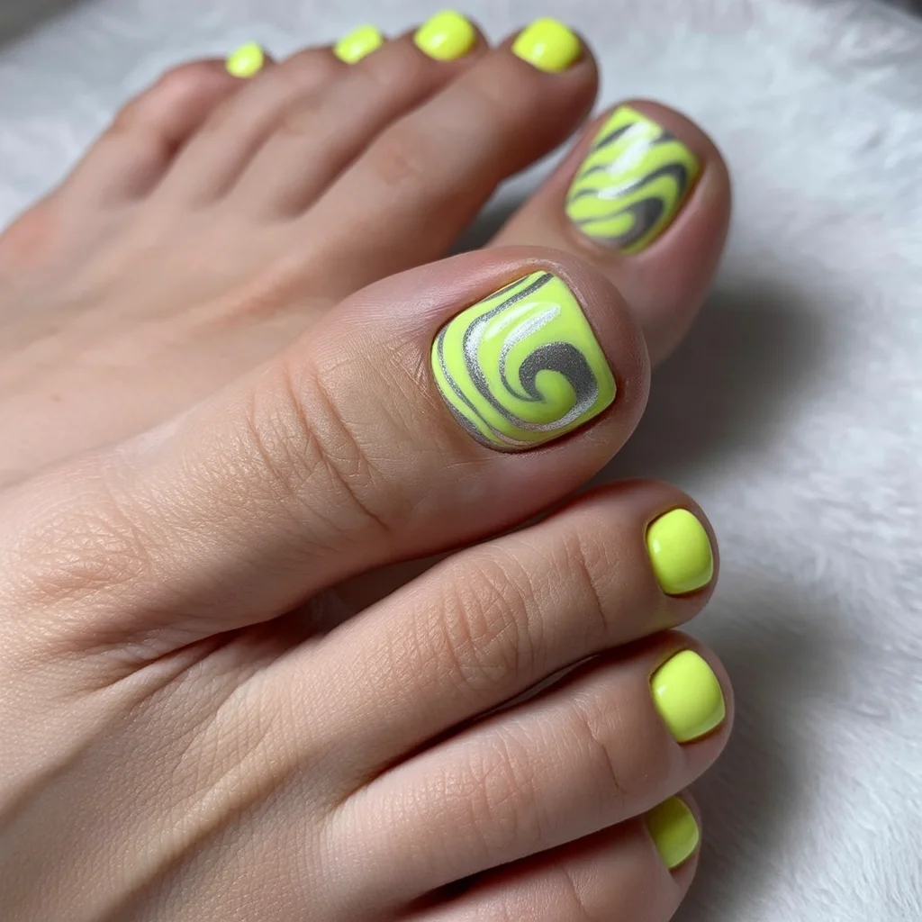 summer pedicure nail art 2026 Neon Lime Swirls With Futuristic Energy