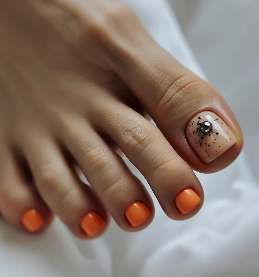 summer pedicure nail art 2026 Warm Tangerine Pedicure With Minimalist Floral Art
