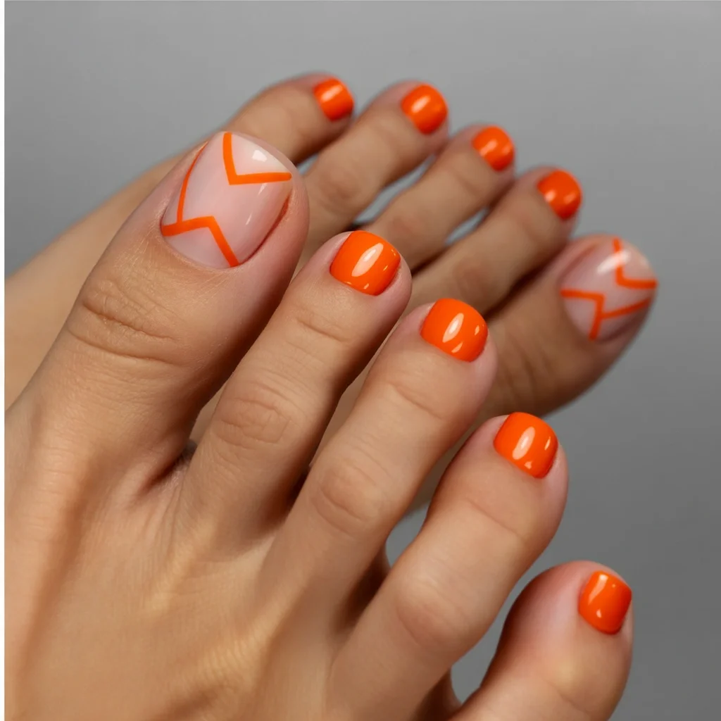 summer pedicure nail art 2026 Bold Orange Geometry for a Modern Summer Statement