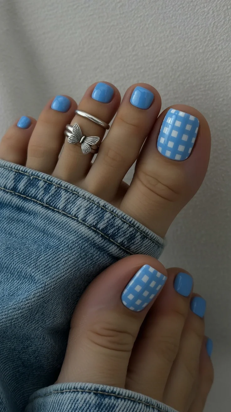 summer pedicure nail art 2026 Baby Blue Gingham Pedicure for Coastal Summer Days