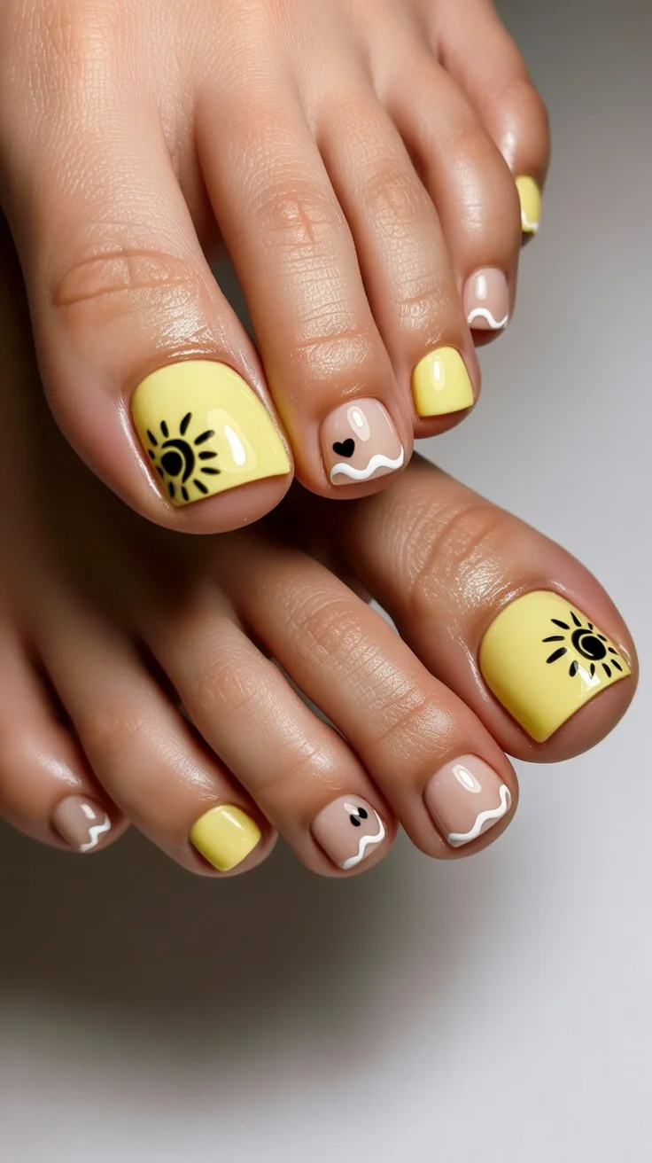 summer pedicure nail art 2026 Sunshine Yellow Toes With Tiny Graphic Details