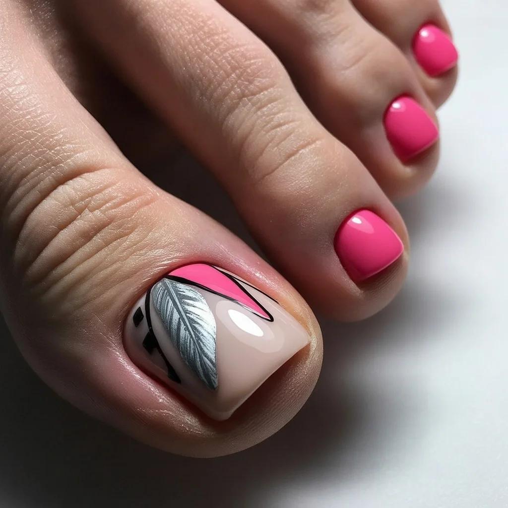 summer pedicure nail art 2026 Modern Botanical Art With Bright Pink Details