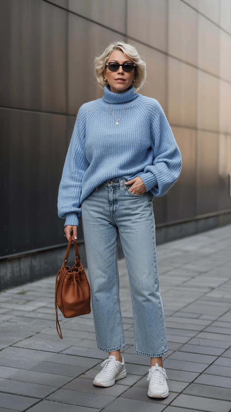 what to wear in fall 2026 over 50 blue sweater outfit