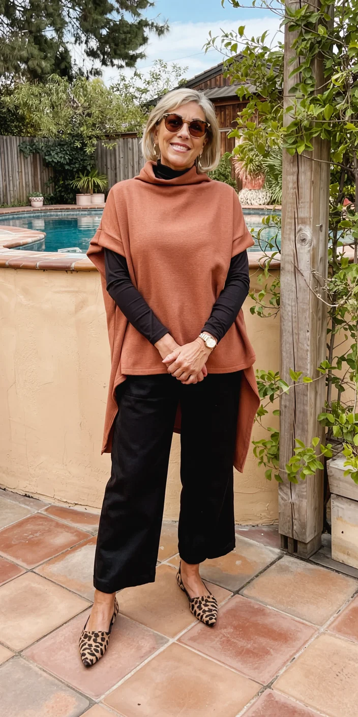 what to wear in fall 2026 over 50 cinnamon poncho style