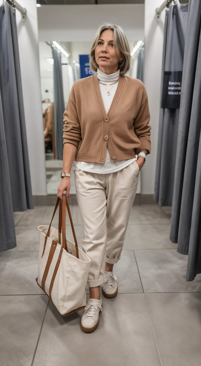 what to wear in fall 2026 over 50 neutral cardigan outfit