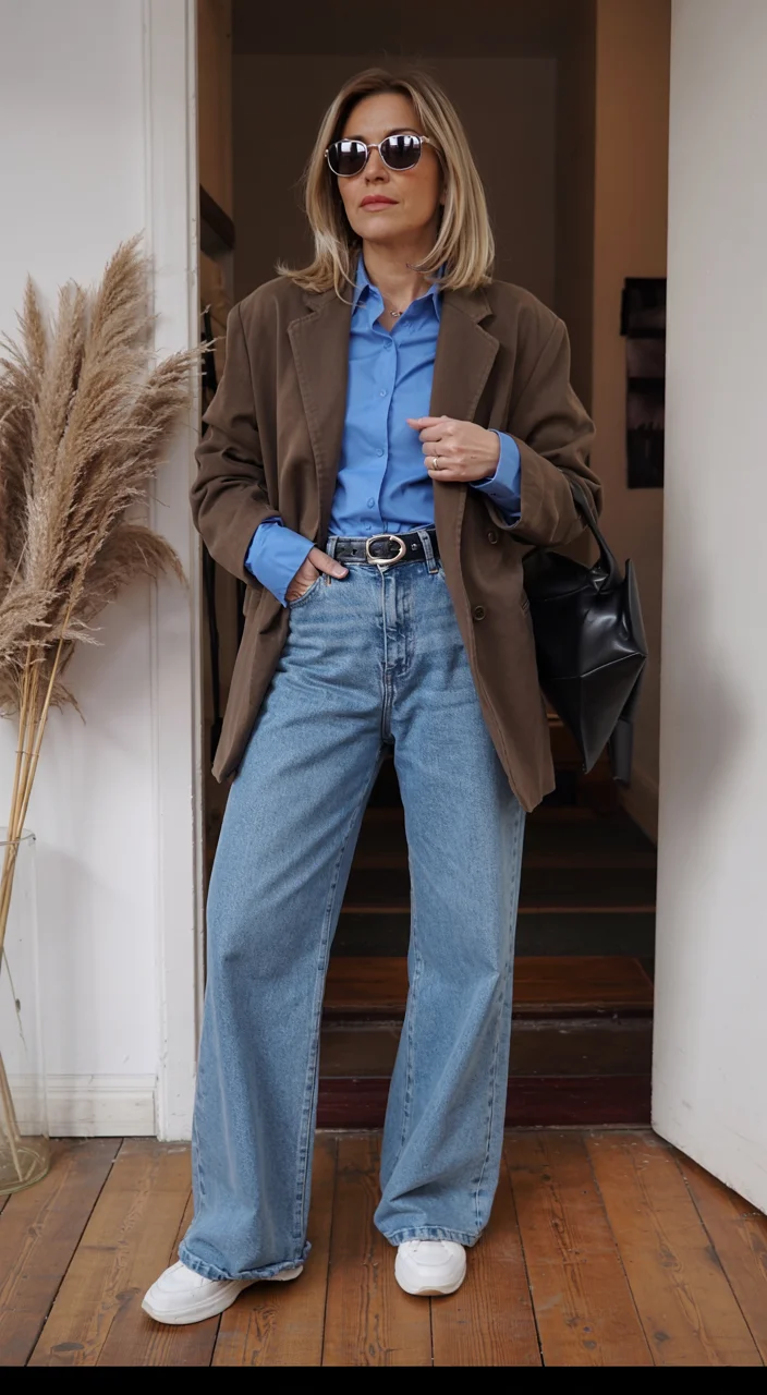 what to wear in fall 2026 over 50 blazer and wide leg jeans